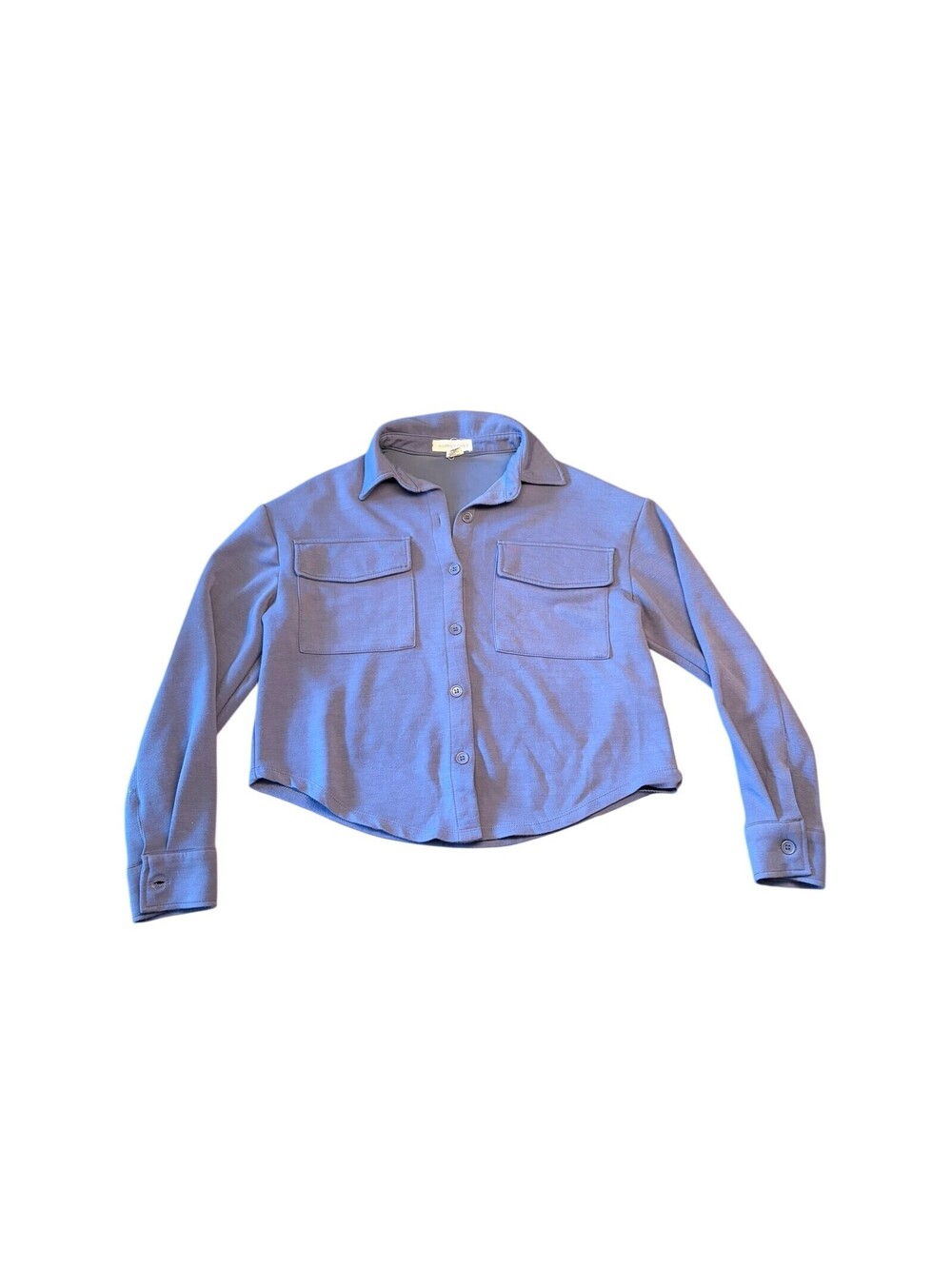 Happily Grey Cropped Shacket Button Front Top Blue Utility Pocket Long Sleeve XS